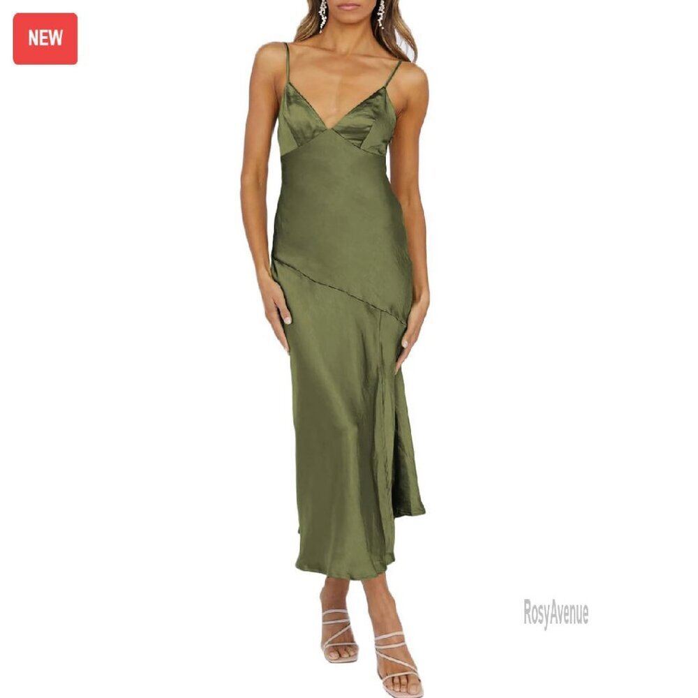 Satin Midi Dress Backless Spaghetti Strap Slit Wedding Guest Party